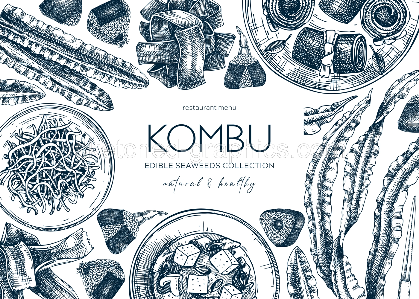 Hand-drawn Kombu banner design. Edible seaweed drawings. Sea vegetable illustration in sketch style. Healthy food vector background. Asian cuisine restaurant menu template Illustration
